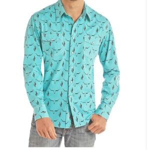 Rock & Roll Cowboy XL Poplin Pearl Snap Shirt Blue‎